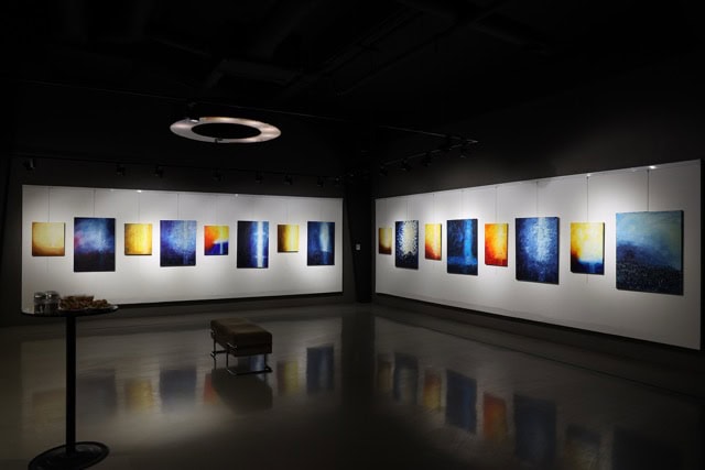 Sanat sergisi ve çağdaş eserler, modern galeri ortamında opti odaklı.